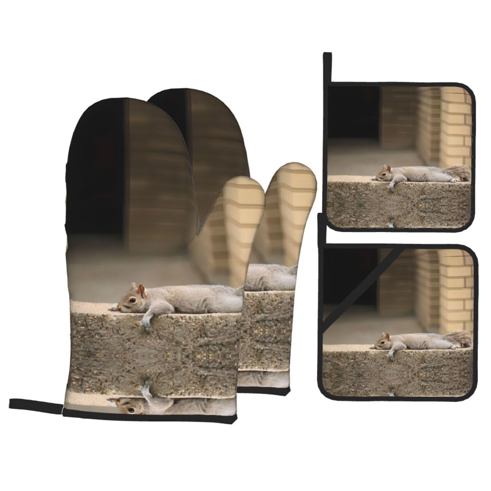 Squirrel Just Laying Printed Baking 4-Piece Set, includes oven mitts and a heat-resistant mat, suitable for oven and BBQ use