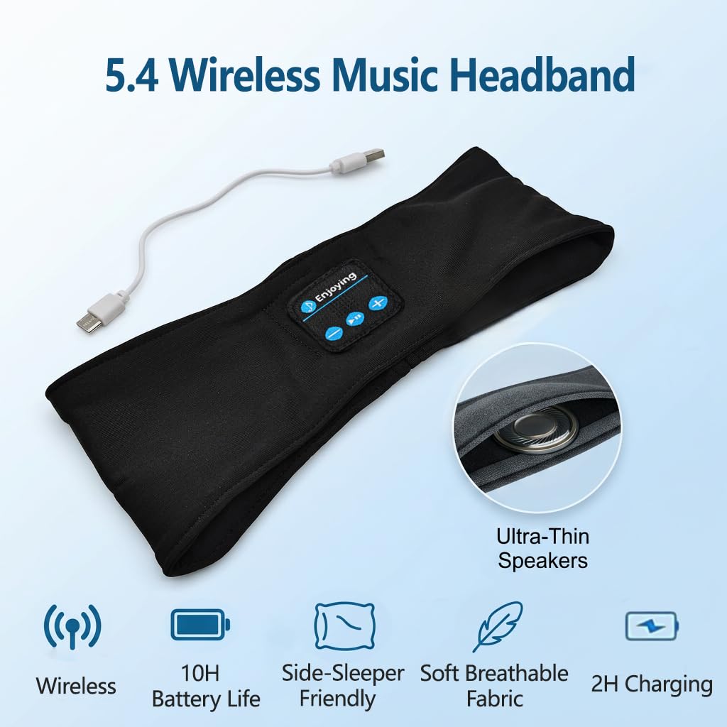 5.4 Bandeau Bluetooth, Écouteurs Casque de Sommeil pour Femme & Homme, Bandeau Anti Bruit USB Rechargeable avec Stéréo Ultra-Fins HD pour Entraînement Running Voyages Yoga et Dormeurs Latéraux(Noir)