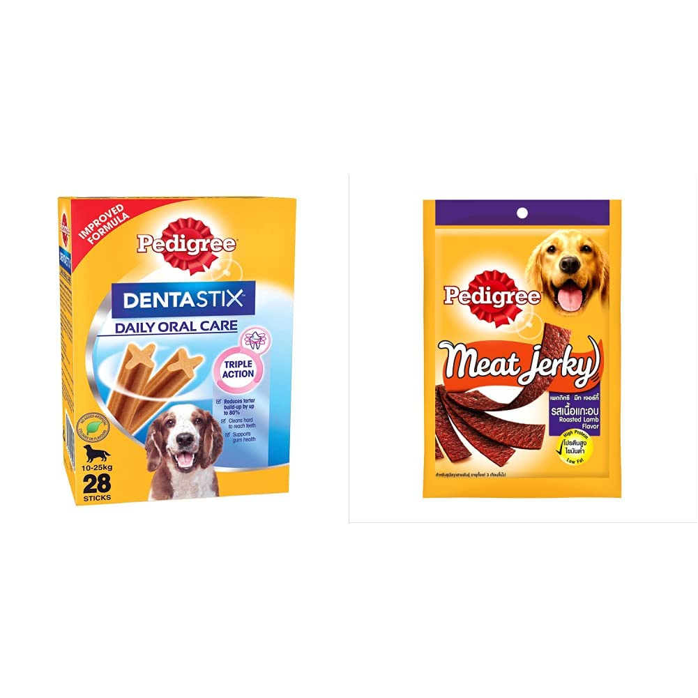 Pedigree Dentastix Medium Breed (10-25 Kg) Oral Care Dog Treat (Chew Sticks) (28 Sticks) 720G Monthl & Meat Jerky Adult Dog Treat, Roasted Lamb, 80G Pack (B08KVBXL45) Amazon Price History, Amazon Price Tracker