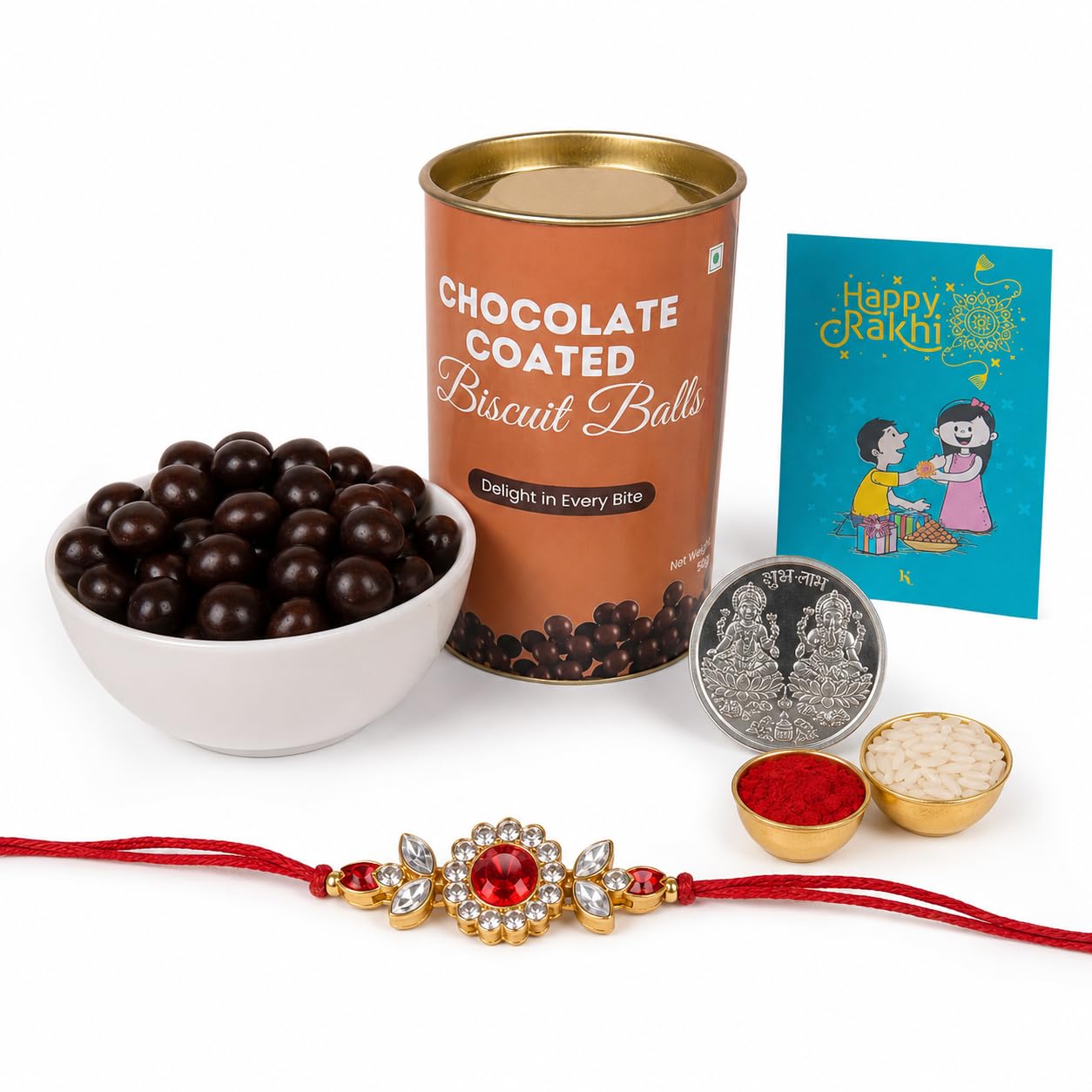 Kaameri Bazaar Rakhi for Brother Gift Hamper with Stone Studded Red Rakhi, Chocolate Coated Biscuit Balls 50 g, Silver C