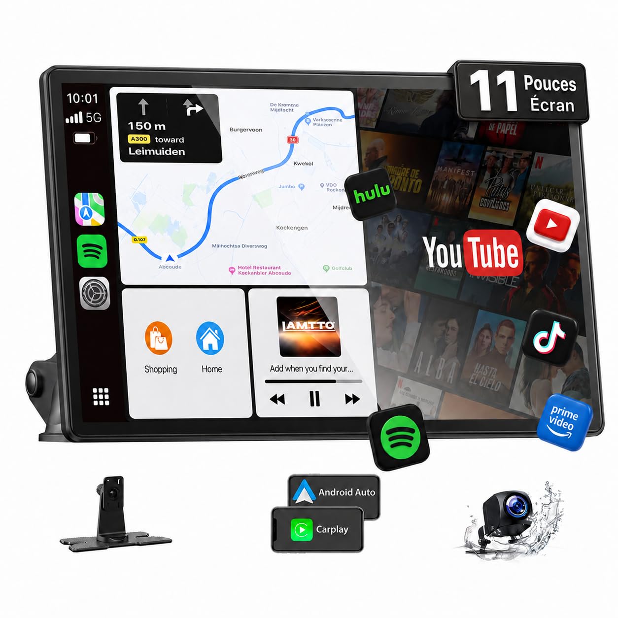 LAMTTO Écran CarPlay Voiture sans Fil 11 Pouces avec APPs Youtube TikTok Portable pour Apple CarPlay & Android Auto avec Caméra de Recul/Navigation/Écran Tactile in-Cell/Assistant Vocal/OTA/Bluetooth
