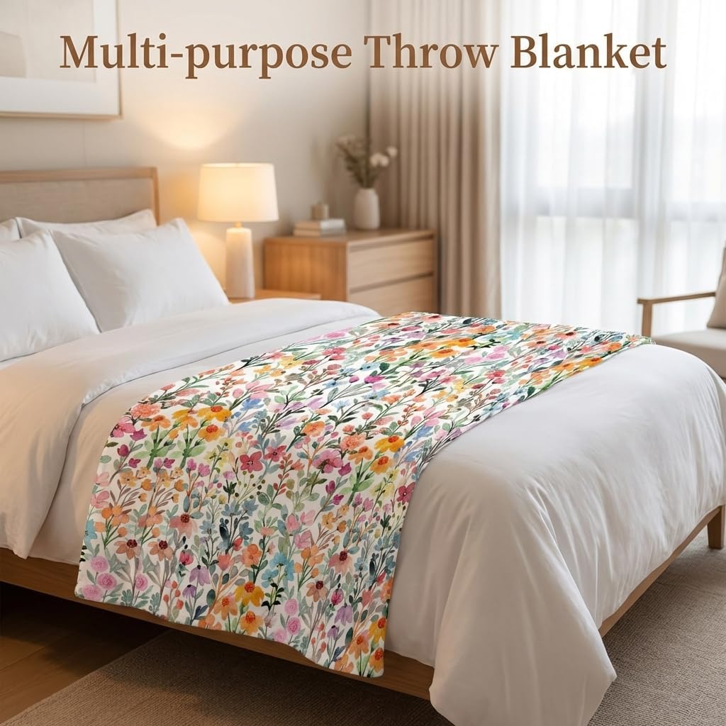 Whaline Floral Fuzzy Blanket Spring Wildflower Throw Blanket Watercolor Colorful Flower Soft Cozy Flannel Blankets for Spring Summer Home Bed Sofa Couch Chair, 50 x 60 Inch