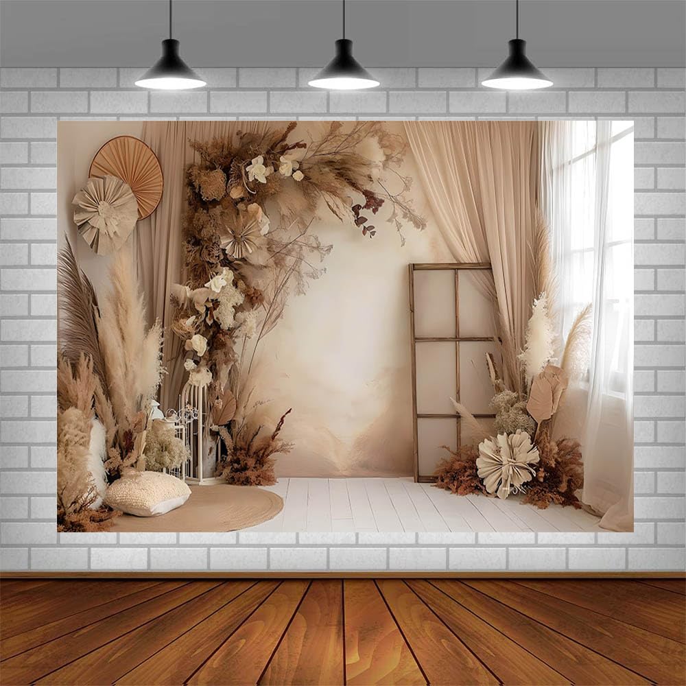 AIBIIN 3x2,1m Toile de fond florale bohème pour photographie de mariage, anniversaire, fête rétro, mur bohème, feuillage séché, pampa, décor de portrait de femme enceinte, fournitures photo