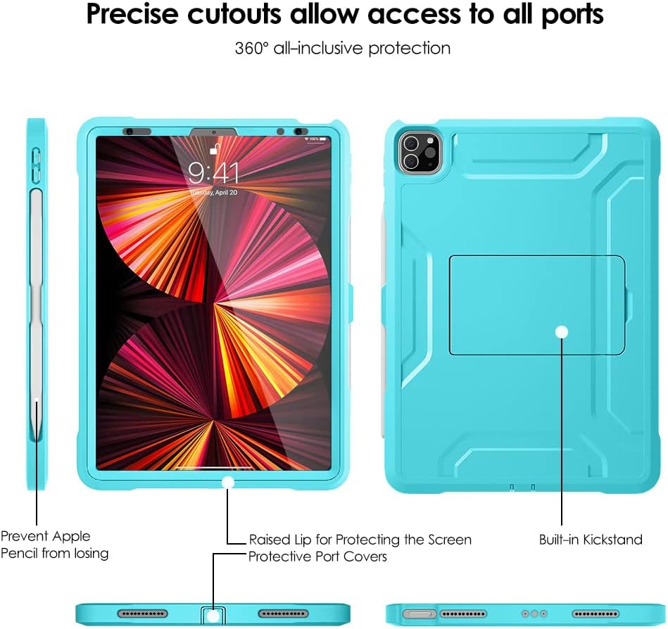 DTTO for iPad Pro 11 inch Case 2022(4th Gen)/2021(3rd Gen), [Screen Protector] Dual Layer Full Body Protection Cover with Pencil Holder, Also Fit iPad Pro 11'' 2020&2018/iPad Air 5/Air 4 - Cyan Blue