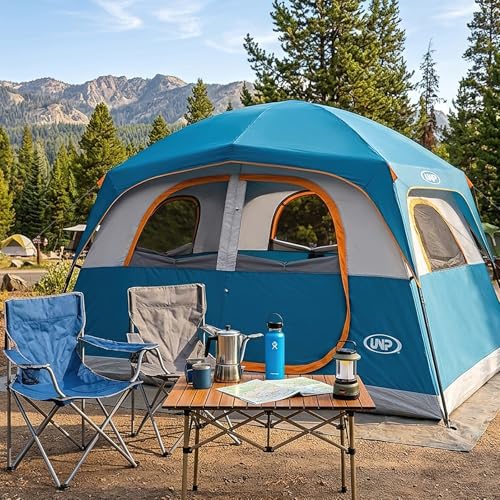 Image of UNP 6 Person Tents for Camping Waterproof Family Cabin Tent with Rainfly | Easy Setup Windproof Double Layer Camping Tent with 1 Mesh Door & 5 Large Mesh Windows 10'X9'X78in(H)