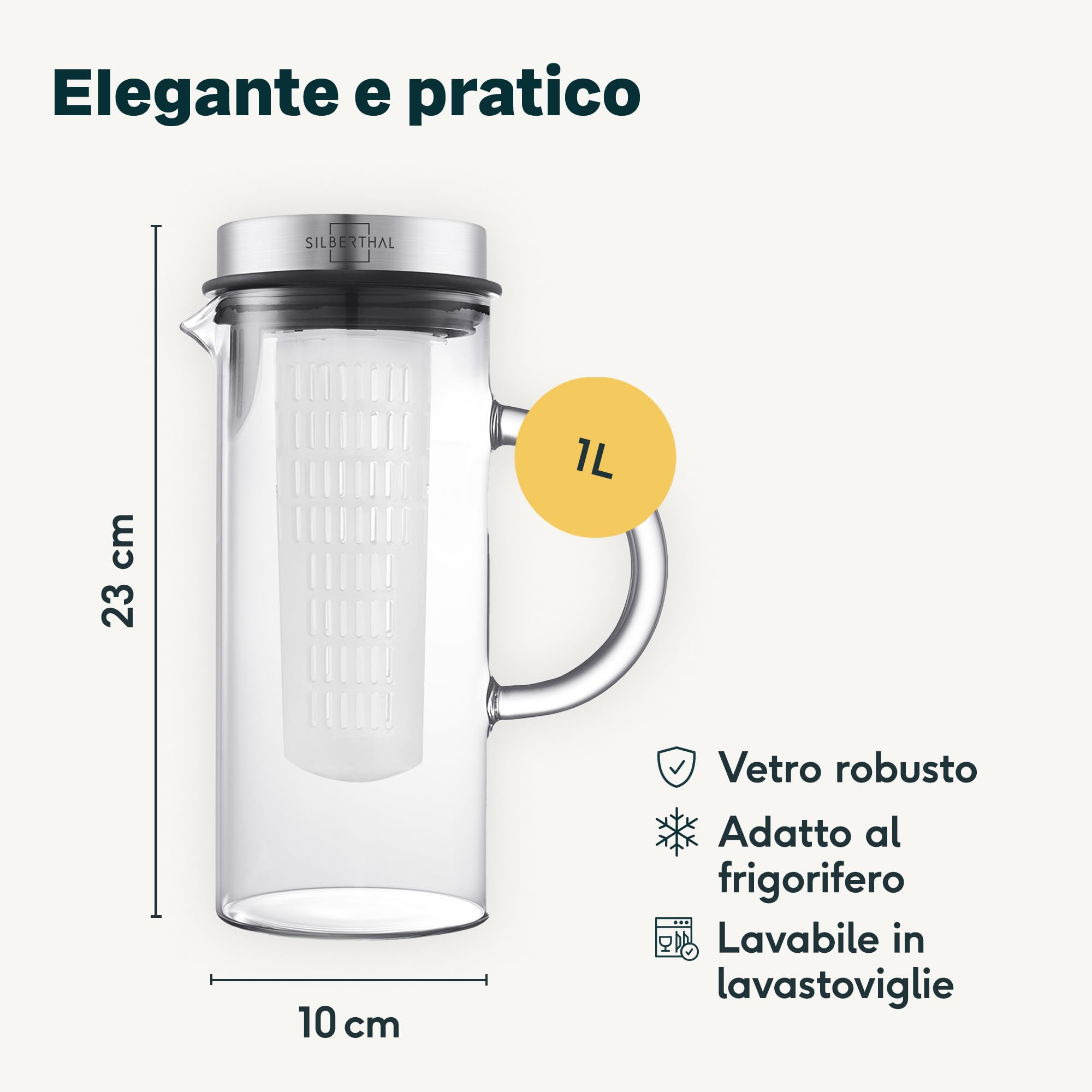 SILBERTHAL Brocca acqua vetro - Limonata e spritz - 1 litro - Caraffa con coperchio