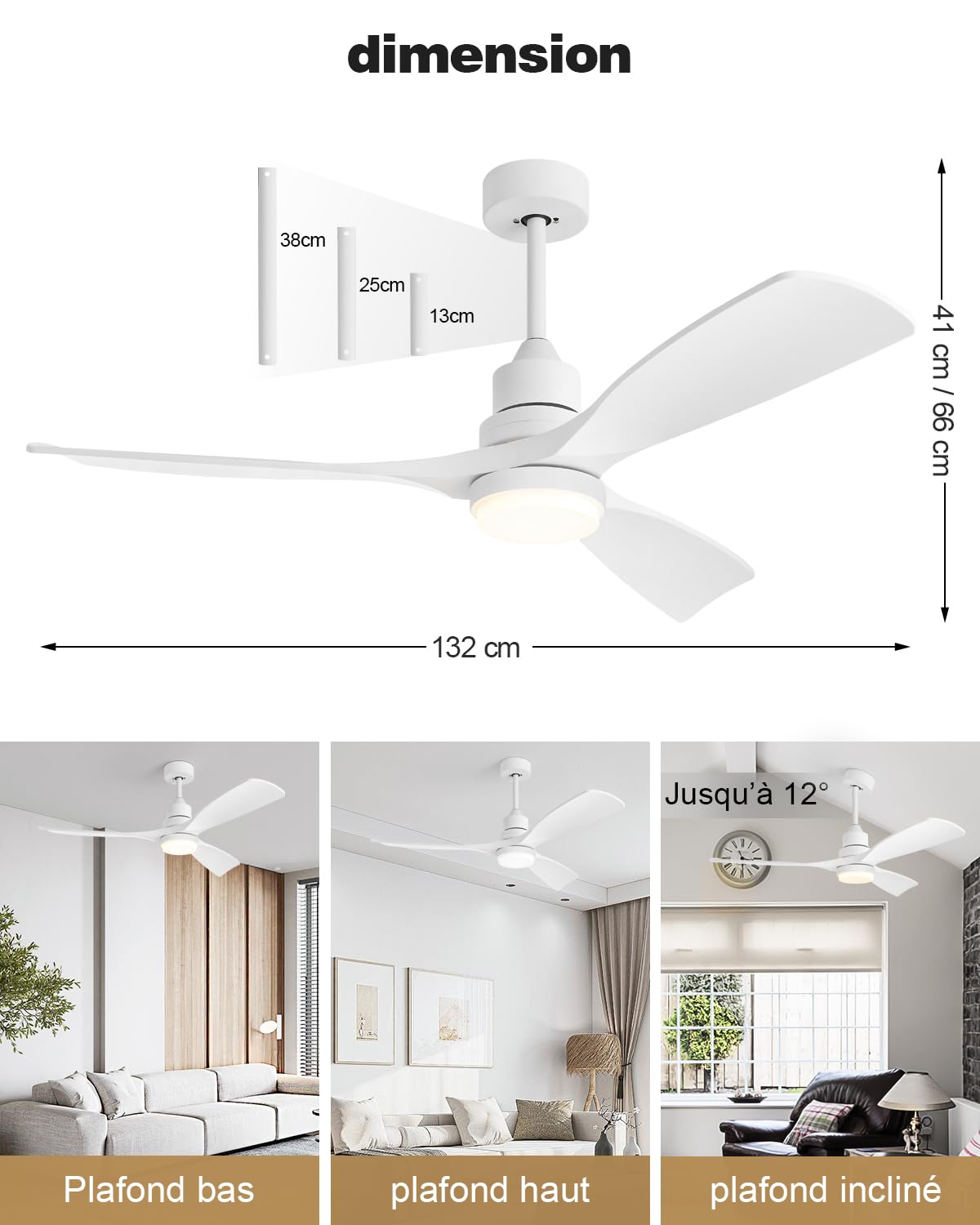 Deckenventilator Mit Beleuchtung, 3 Flügel, ETL,132cm,Weiß | Deckenventilator Mit Fernbedienung Outdoor Terrasse, Leise Dc Motor, 6 Geschwindigkeiten, 3 Farbtemperaturen,Umkehrfunktion