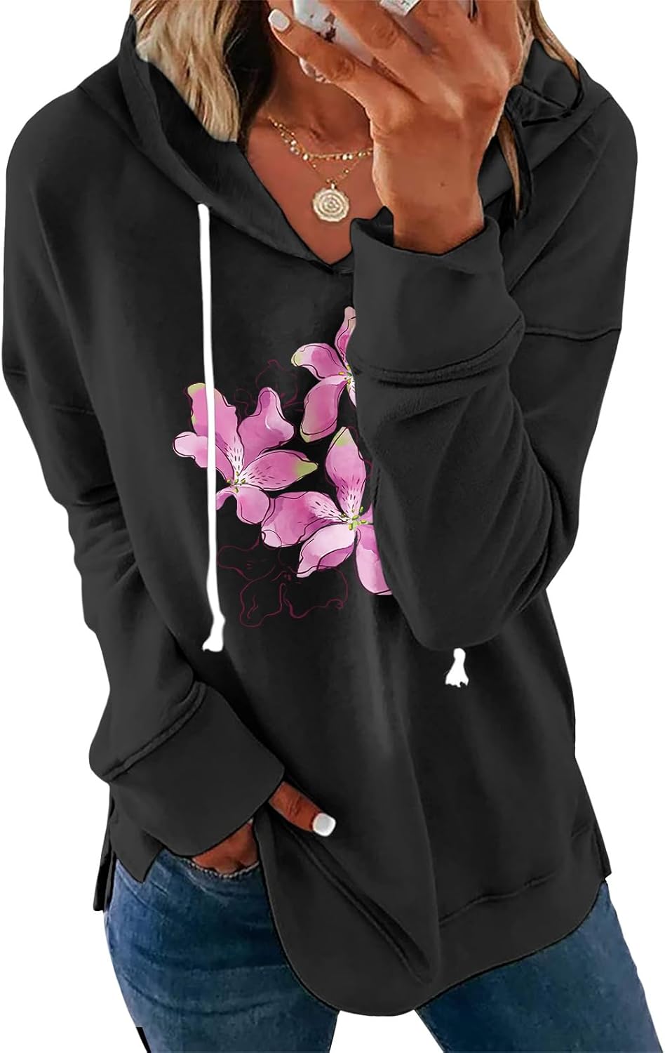 Women's White Floral Print Hoodie Long Sleeve Pullover Sweatshirt Loose Fit Cotton ...