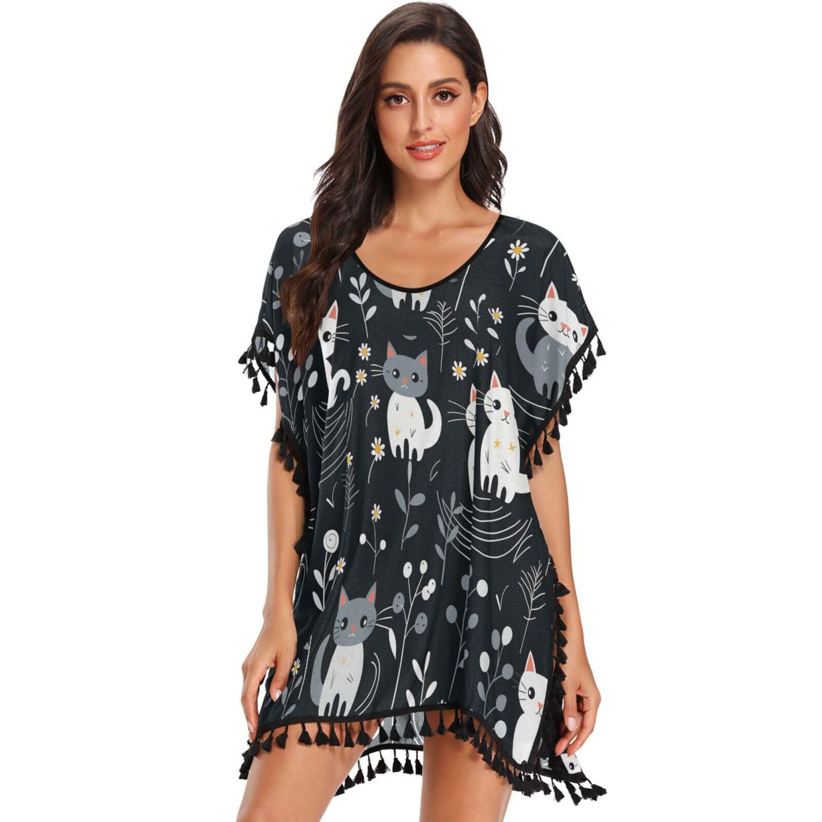 Cute Cats Forest Women's Beach Cover Up Chiffon Tassel Swimwear Swimsuit Coverups for Girl