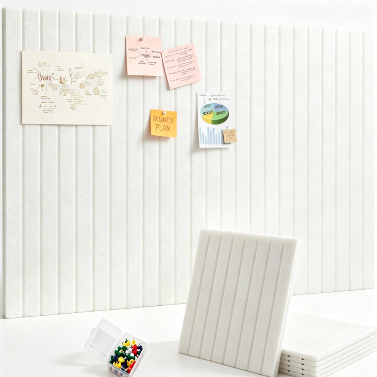 Oatmeal Felt Bulletin Board Tiles, 48"x36" Large Cork Board Alternative, 12-Pack Slat Wall Paneling for Office, with 30 Pushpins & 70 Adhesive Tabs (White, 6-Pack)