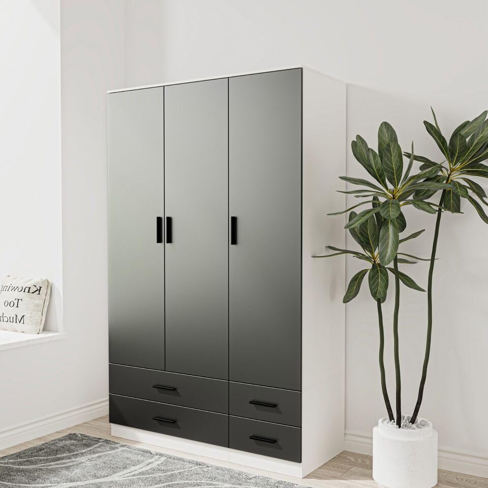 URBNLIVING Modern 3 Door 4 Drawer Wardrobe with Hanging Rail, Bedroom Furniture, Storage Shelf Clothes Organiser Stylish Design, Ample Storage Solution