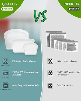 6 Pack Seal Top Silicone Food Storage Bags Microwave Oven Safe
