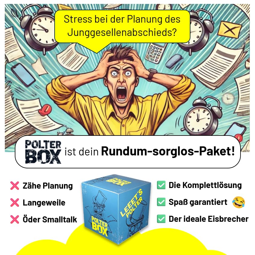 JGA PolterBox Deluxe – Komplettset mit 11 Partyspielen für Junggesellenabschied, 4–20 Spieler – All-in-One JGA Partybox für Polterabend, Aufgaben & Gruppen-Challenges (Men’s Edition)