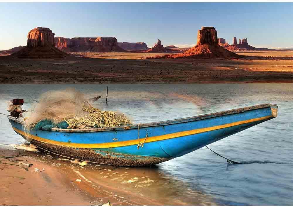 wall26 - Indian Country Boat Tied at Navajo River Bank in Monument Valley - Removable Wall Mural | Self-Adhesive Large Wallpaper - 100x144 inches