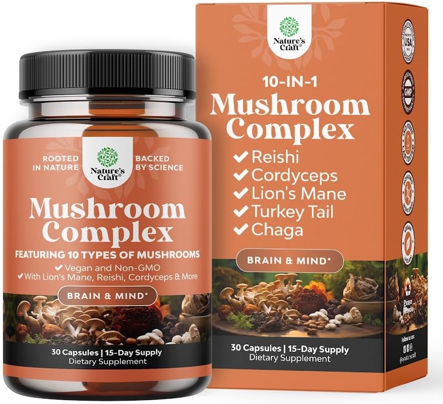 Miniatura 1 de Advanced Mushroom Complex Cápsulas  10 cápsulas de suplemento de melena de león con Reishi, Chaga, Maitake y Shiitake para la salud cerebral apoyo