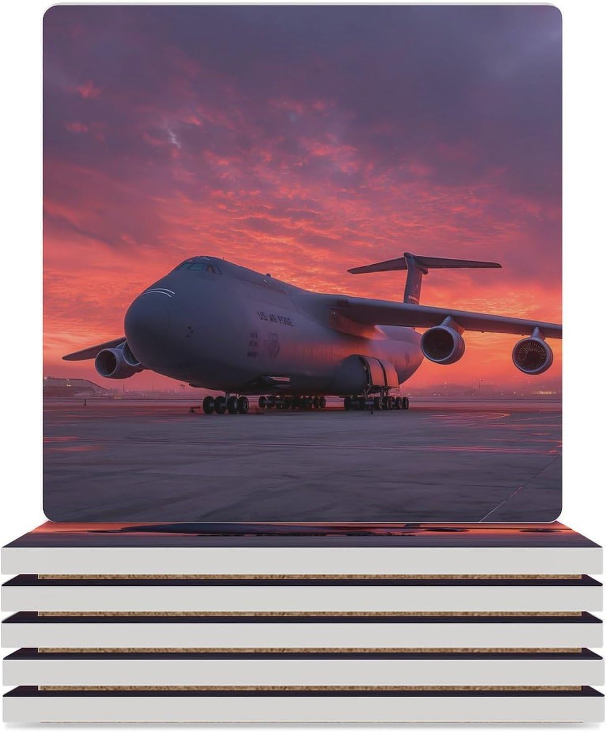 C-5 Galaxy Transport Plane Us Air Force Airplane Coaster for Drinks Square Ceramic Table Coasters Stone Mat Crafts 6PCS Home Kitchen Decor