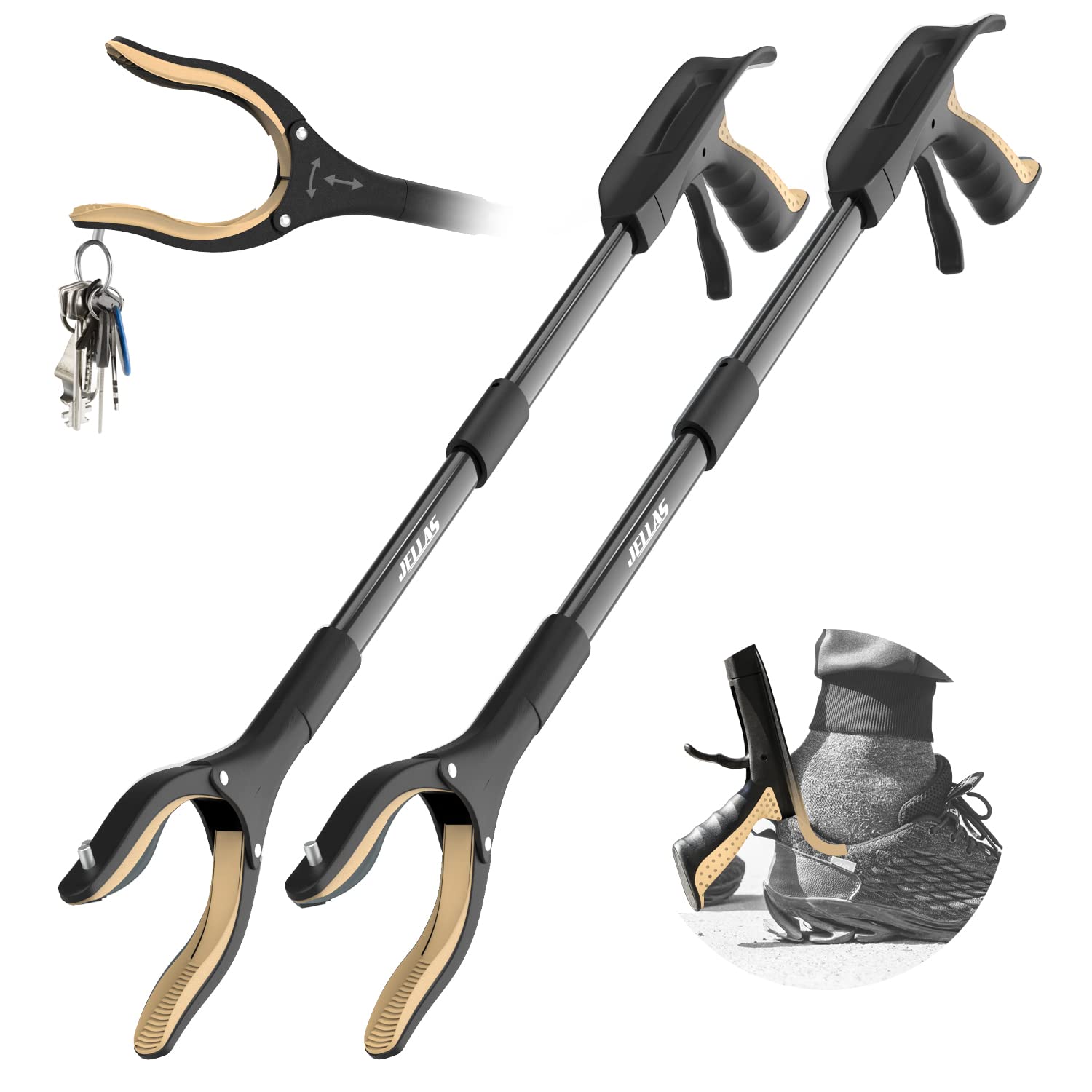 Jellas2-Pack 32 Inch Grabber Reacher Tool with Magnetic Tip, Reacher Grabber with 360 Degrees Rotating Jaw, Grabber with Shoehorn for Elderly, Trash Picker Tool for Outdoor & Indoor (Gold)