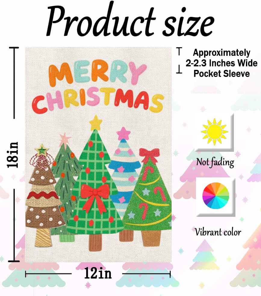 Merry Christmas Garden Flag,12x18 Inch Double Sided Outside Garden Flag, Cartoon Christmas Tree Snowflake Winter Holiday Yard Outdoor Decorative Flag for Outesid - Image 2