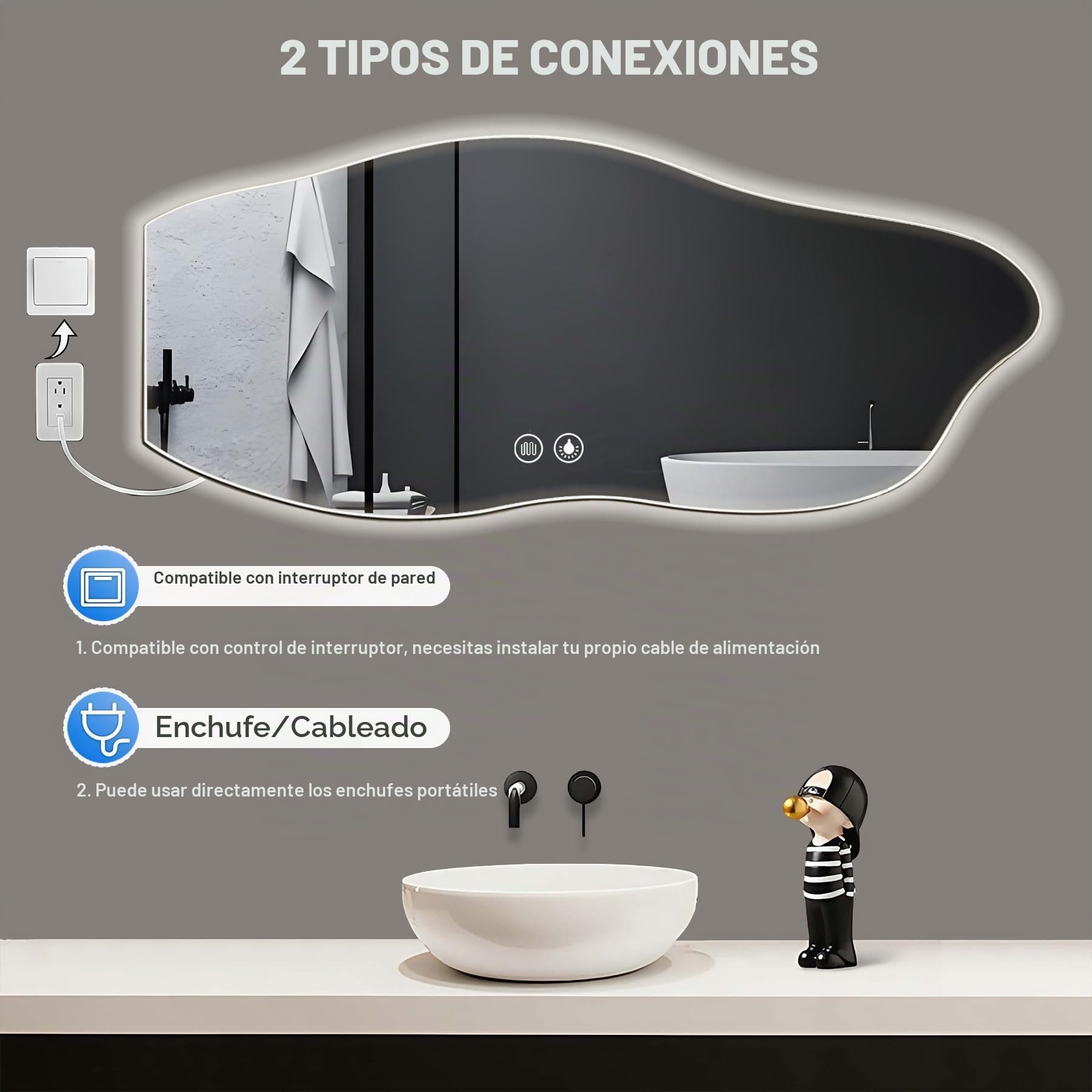 Espejo Baño con Luz 100 × 60cm Espejo LED Baño con Memoria, Función Antivaho, 3000K/4000K/6500K, Regulable, Cristal Templado HD, IP54 Espejos de Baño con LED,Espejo Inteligente(100×60CM)