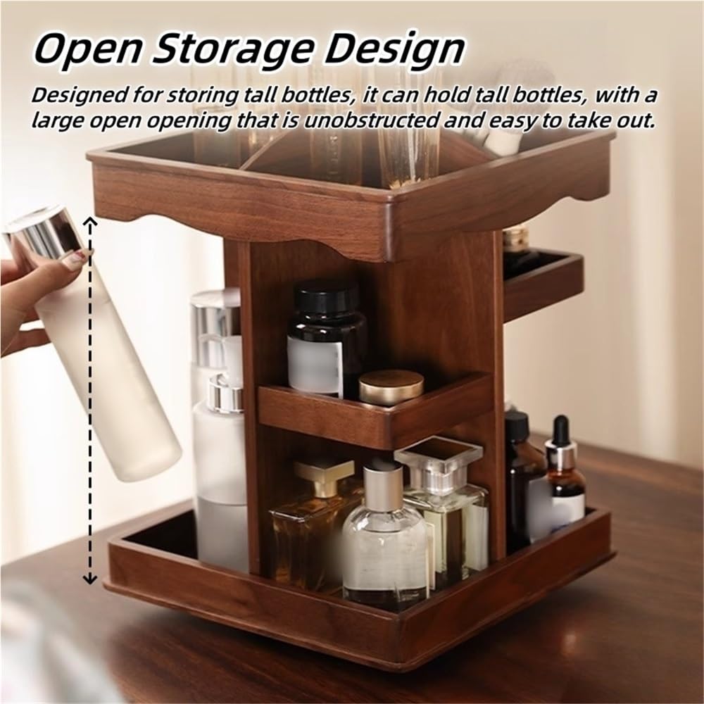 Organizzatore rotante per trucco con porta pennelli, organizer quadrato da banco in legno, per cosmetici, cura della pelle, profumi, rossetti, camera da letto