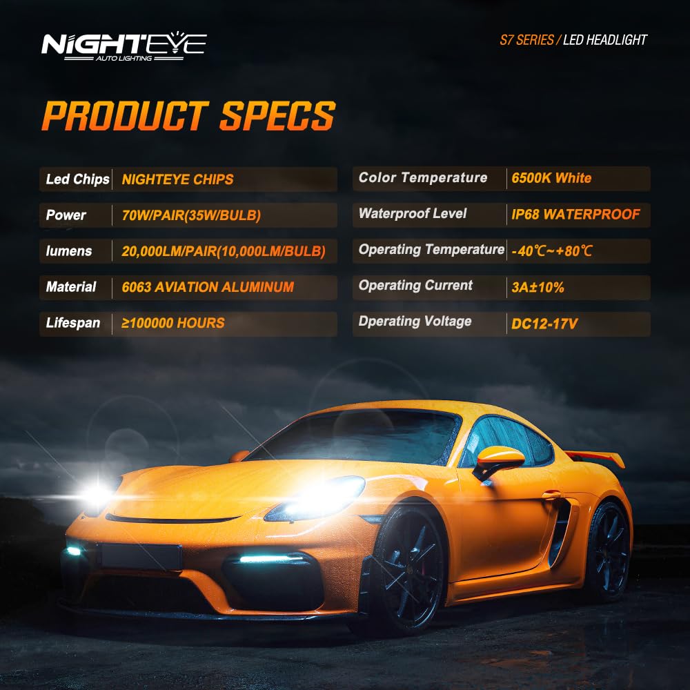 NIGHTEYE Ampoule H4 LED Voiture 20000LM 6500K Blanche Puissante 70W 600% Luminosité Lampes de Phares Remplacement pour Kit de Conversion Halogène Auto Moto