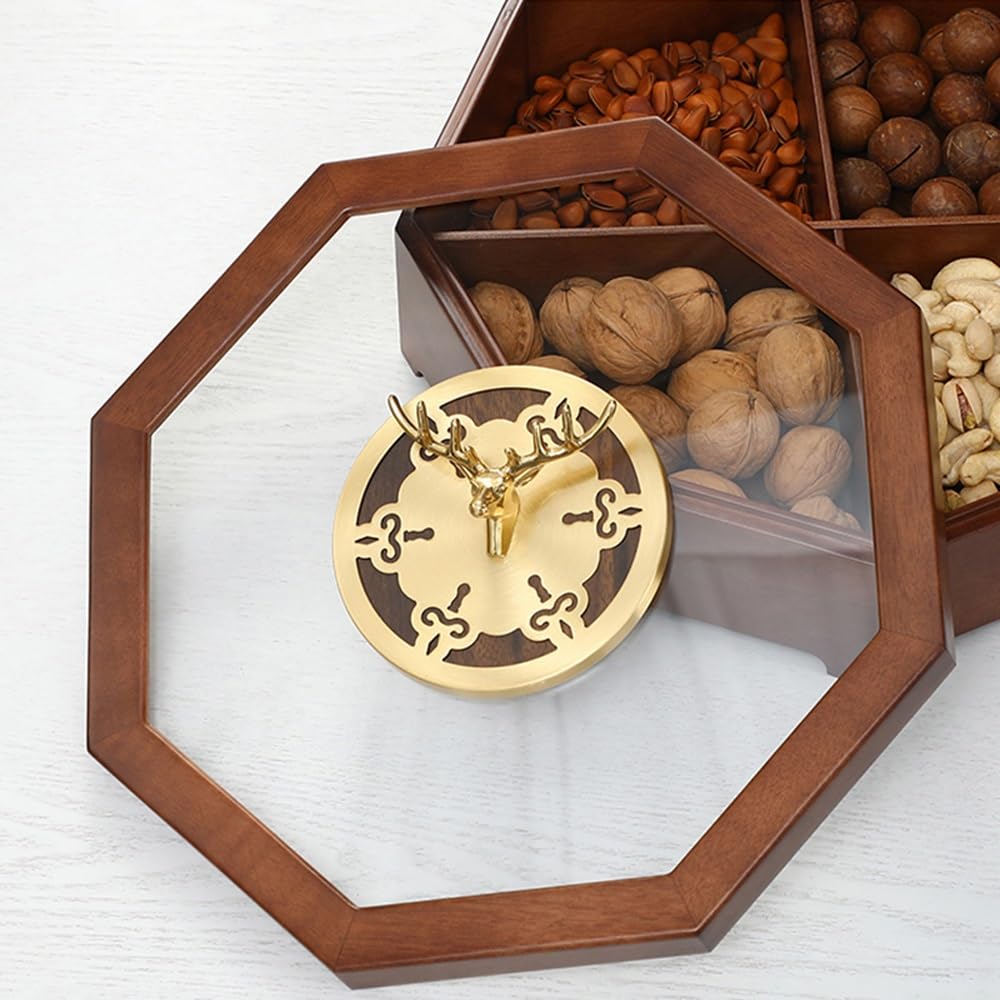 Servidor de aperitivos dividido con tapa transparente, múltiples compartimentos para dulces, frutos secos y aperitivos, ideal para fiestas y eventos, duradero y fácil de limpiar