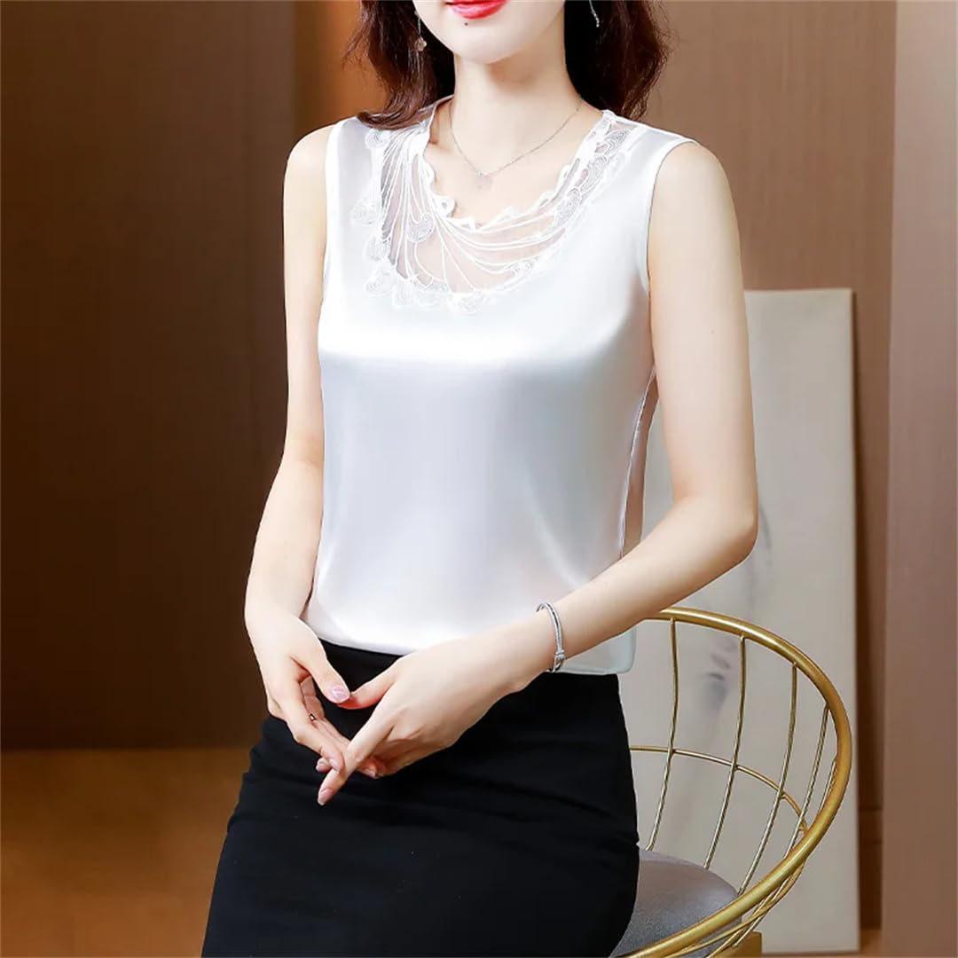 Donne Ricamo Senza Maniche Camicette di Seta Estate Raso Top Casual Sciolto Vest