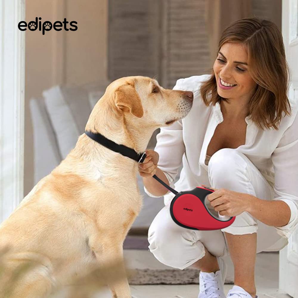 Edipets, Guinzaglio per cani estensibile, retrattile, 5 metri, 360°, senza grovigli, nastro in nylon per addestramento e passeggiata, per cani di taglia grande media e piccola (< 50 kg, rosso)