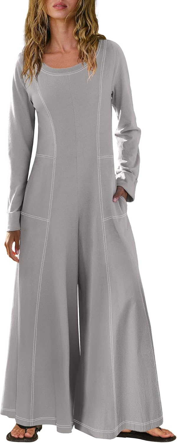Nirovien Womens Long Sleeve Jumpsuit Dressy Casual Wide Leg Pant Romper One Piece Outfits with Pockets - Image 2