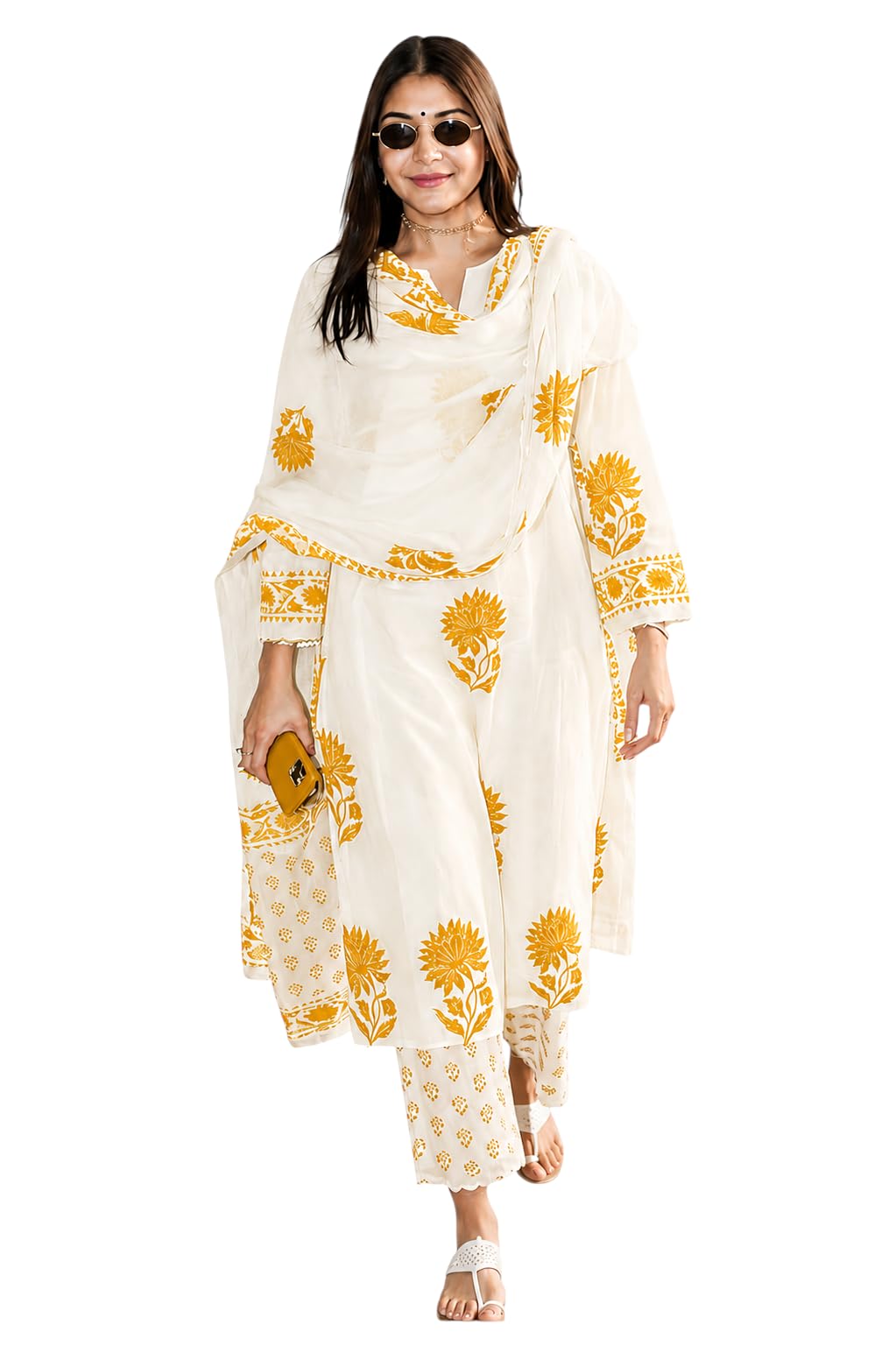 BLACK TEETAR Women's Hand Block Floral Printed Straight Kurta Set with Palazzo Pants & Dupatta Ethnic Kurta Set for Casual Outings Day Events Summer Wear Festive discount deal