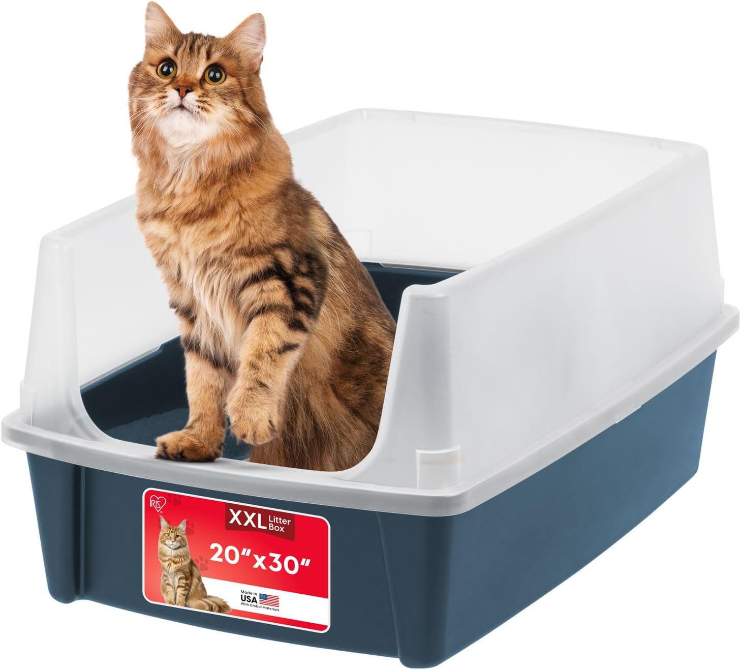 IRIS USA XX-Large Cat Litter Box, Open Top Extra Large Litter Box for Big Cats and Multi-Cat Households, High Sided Scatter Shield, Easy to Clean, 30"L x 20"W x 14"H, Navy XXL Navy