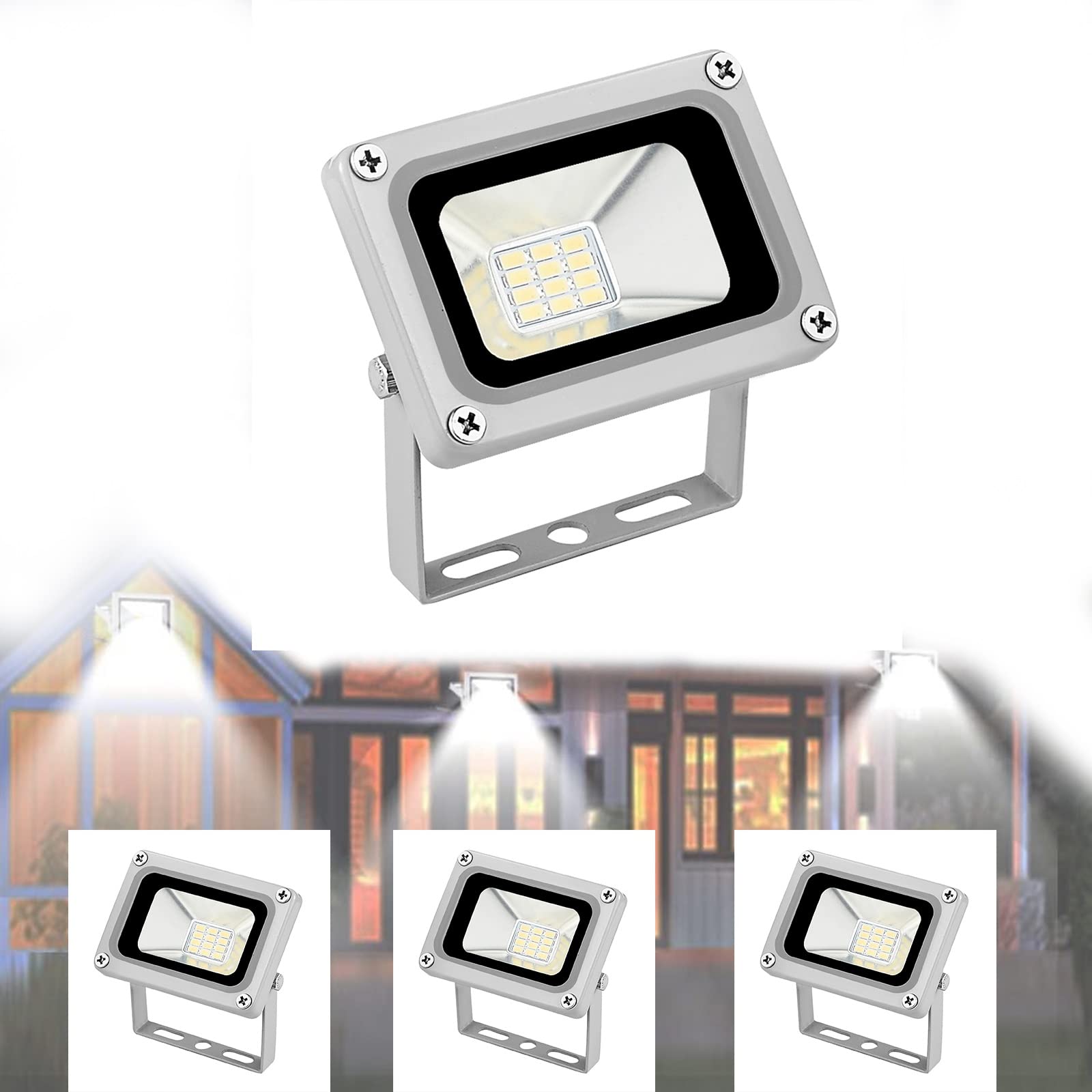 Tashace Faretto LED DC 12V-24V da esterno 10W 800Lm Luci di sicurezza Lampada da parete 6500K IP65 Faretto impermeabile for garage Giardino Cortile Faretti(4 packs)
