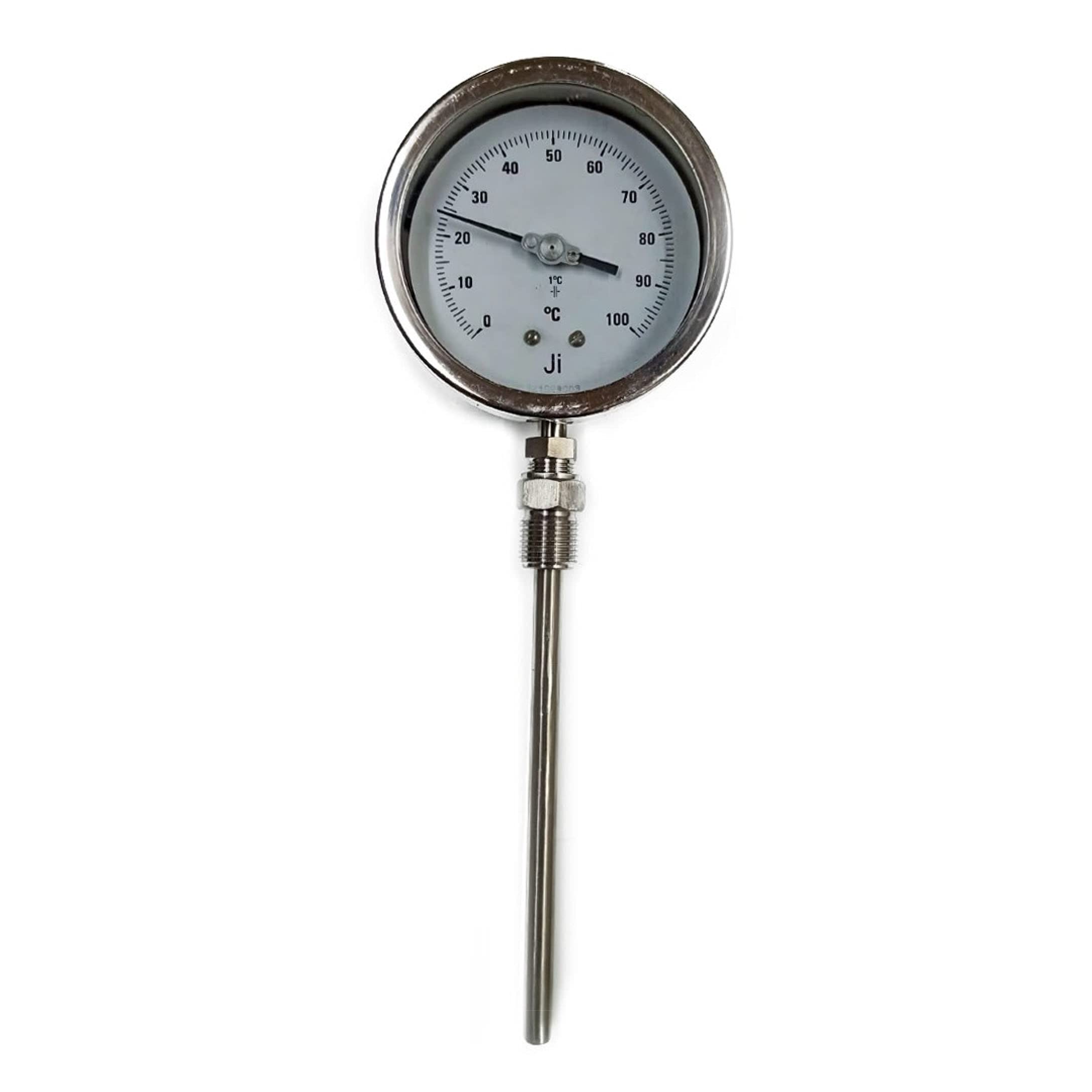 "Ji" Japsin Instrumentation Inert Gas Filled Dial Thermometer, 4" Dial, Range 0 to 100 Deg C, Direct Bottom Entry, Stem Length 150 mm X 10 mm OD, Connection 1/2" BSP (M) Adjustable, SS Body