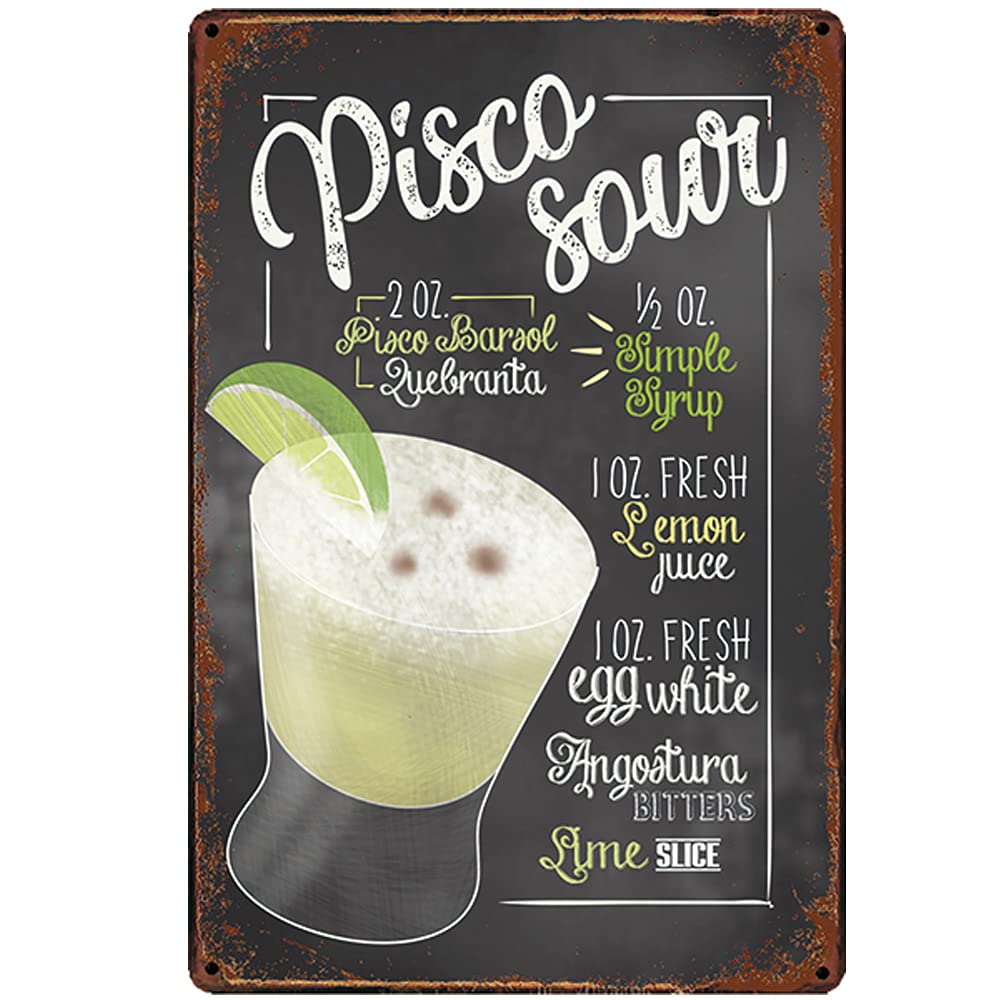 Smazdfxx As Pic Retro Pisco Sour Cocktail Recipe Tin Wall Art Thick Tinplate Print Poster Wall Decoration For Bar Vintage Plaque Kitchen Home Wall Decor 8X12 Inch