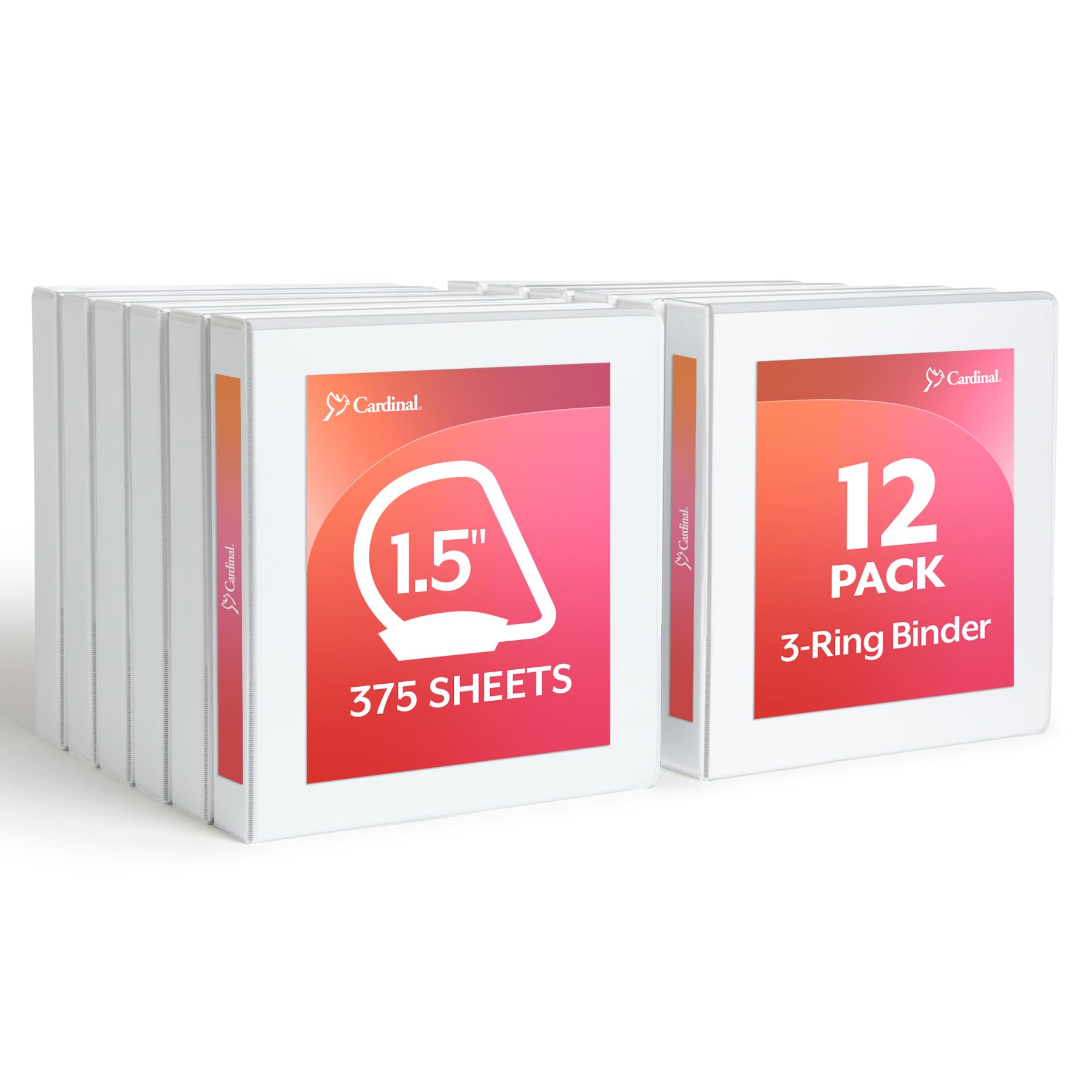 Cardinal Economy 3-Ring Binders, 1.5", Slant-D Rings, Holds 375 Sheets, ClearVue Presentation View, Non-Stick, White, Case of 12 (90751)