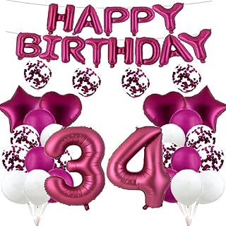 GLZLMM 34th Birthday Balloon 34th Birthday Decorations Burgundy 34 Balloons Happy 34th Birthday Party Supplies Number 34 F...