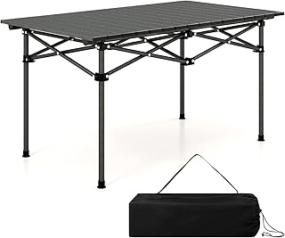 COSTWAY Aluminum Folding Camping Table, Roll Up Portable Picnic Table with Carrying Bag for 4-6 People, Steel Frame Fold up Dining Desk for Hiking Fishing BBQ (without Mesh Basket, Black)