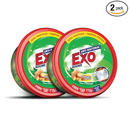 Exo Round Dishwash Bar 700g Set of 2 with Rs 15 Exo Super Scrubber Free | Complete dishwashing solution with Anti-bacterial efficacy & Goodness of Ginger | Remove tough grime stains with Ease.