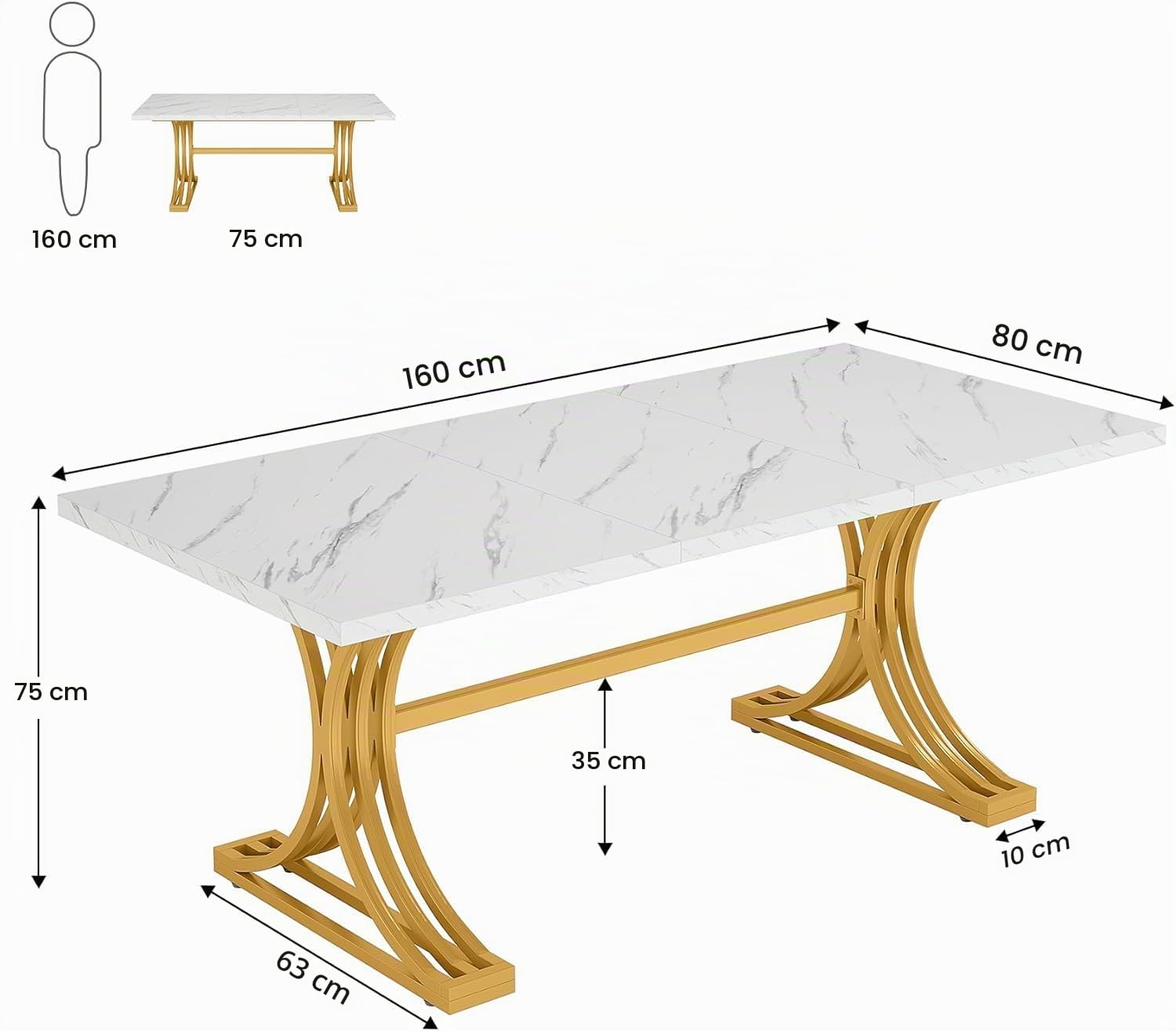 Lailang 160cm Escritorio, Mesa Escritorio Industrial, Mesa Ordenador E Impresora, Escritorio Roble, Mesa Comedor de 160 x 80 x 80 Cm, Mesa Oficina Grande, 160 x 80 x 75 cm, Blanco Y Oro