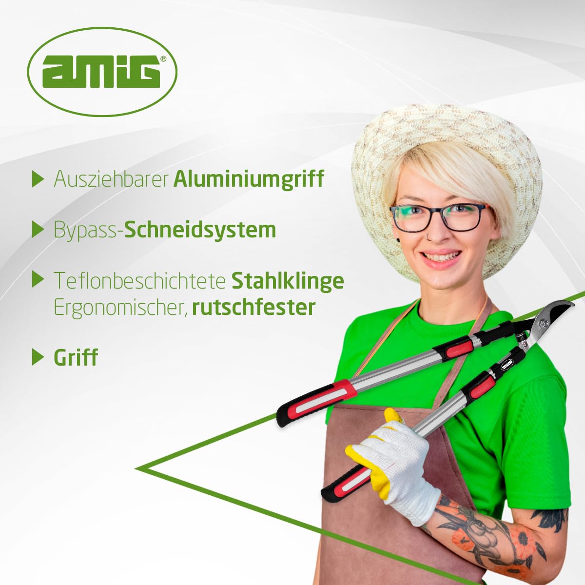 Amig – Astschere | Teleskop-Zweihand-Gartenschere | ausziehbarer Aluminiumgriff von 62 bis 97 cm | Bypass-Schneiden | Schnittkapazität 38 mm | Rot und Schwarz