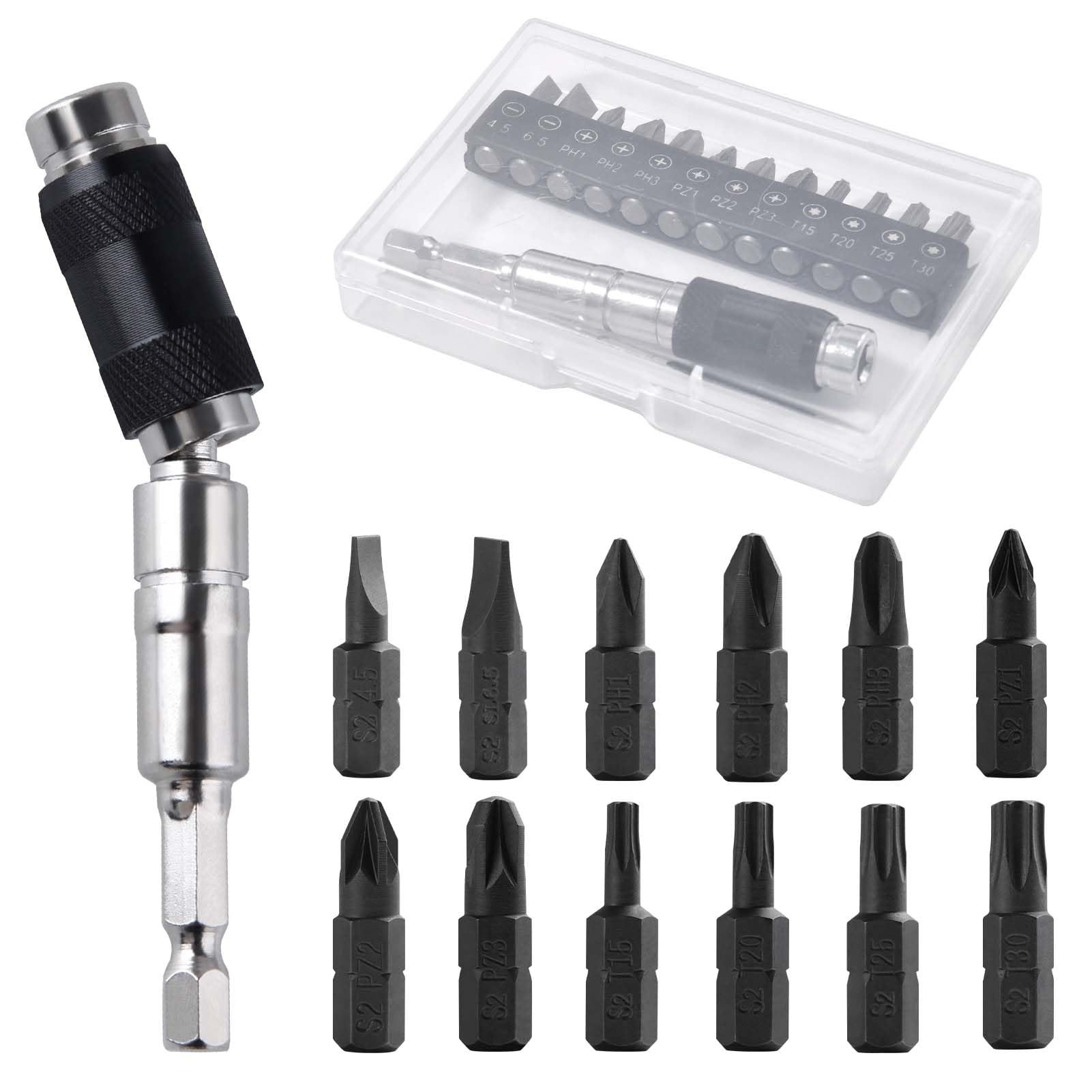 GOLD DEER Magnetic Pivoting Impact Screwdriver Drill Bit Magnetic Bit Holder 1/4" Hex Pivoting Bit Holder with Bits Rotary Drill Extension Bit Holder for Narrow Spaces or Corners
