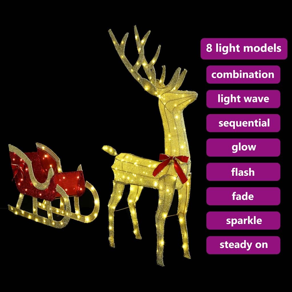 Rentier Zieh Schlitten Stoff mit warmweißen LED-Lichtern 151 x 28 x 128,5 cm, wetterfest, USB betrieben, mit roter Schleife, Weihnachtsdeko für Wohnzimmer und geschützten Außenbereich