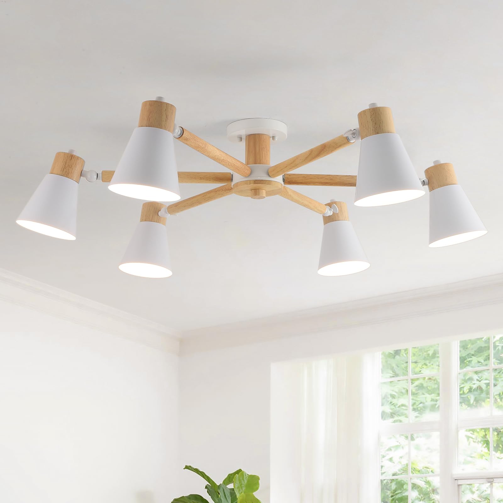 Schindora White Ceiling Lights 6-Lights,Wood and Iron Chandeliers Ceiling Light Adjustable Light Arms Lamp E27 Modern Ceiling Lights Living Room for Kitchen Bedroom