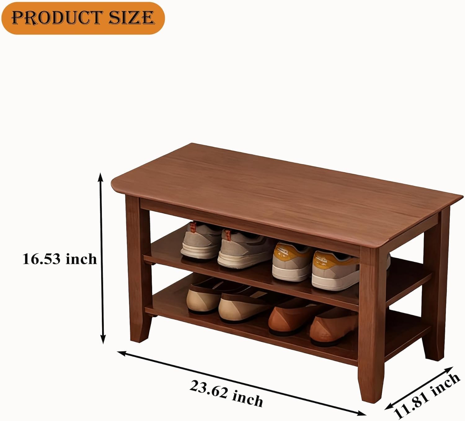 latifolia Shoe Rack Bench, Height Adjustable Solid Wood Shoe Bench, 3-Tiers Shoe Storage Bench for Entryway, Hallway, Walnut, 23.6''