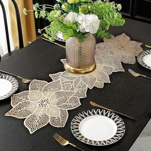FAVE Gold Table Runners 36 Inches Heat Resistant Table Runner Flower Shaped Vinyl Table Runner Waterproof Washable Table Mats for Wedding, Banquet, Birthday, Party, Restaurant(Gold Flower Shaped)