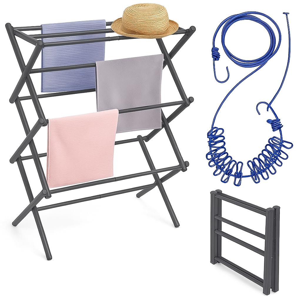 R.O.H.C® Cloth Drying Rope with Hooks (Pack of 2) & Foldable 3-Tier Stainless Steel Laundry Rack | Expandable Cloth Drye