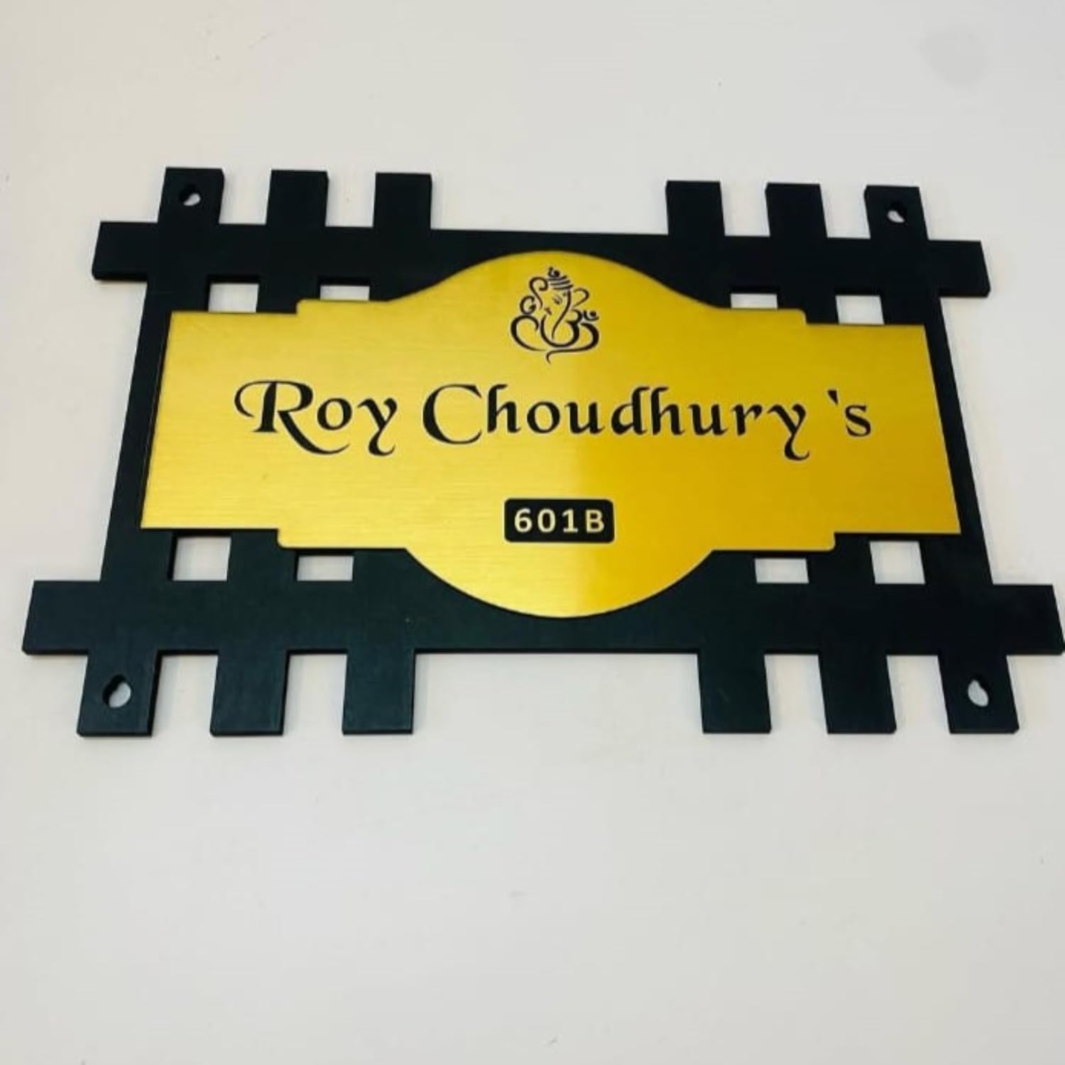 Wooden Personalized Name Plate for Home Entrance | Stylish Jali Design Gold Finish | Customizable Door Nameplate for Flat, Villa & Office | Wall Name Board 20x30 cm (Gold) — Amazon image 8
