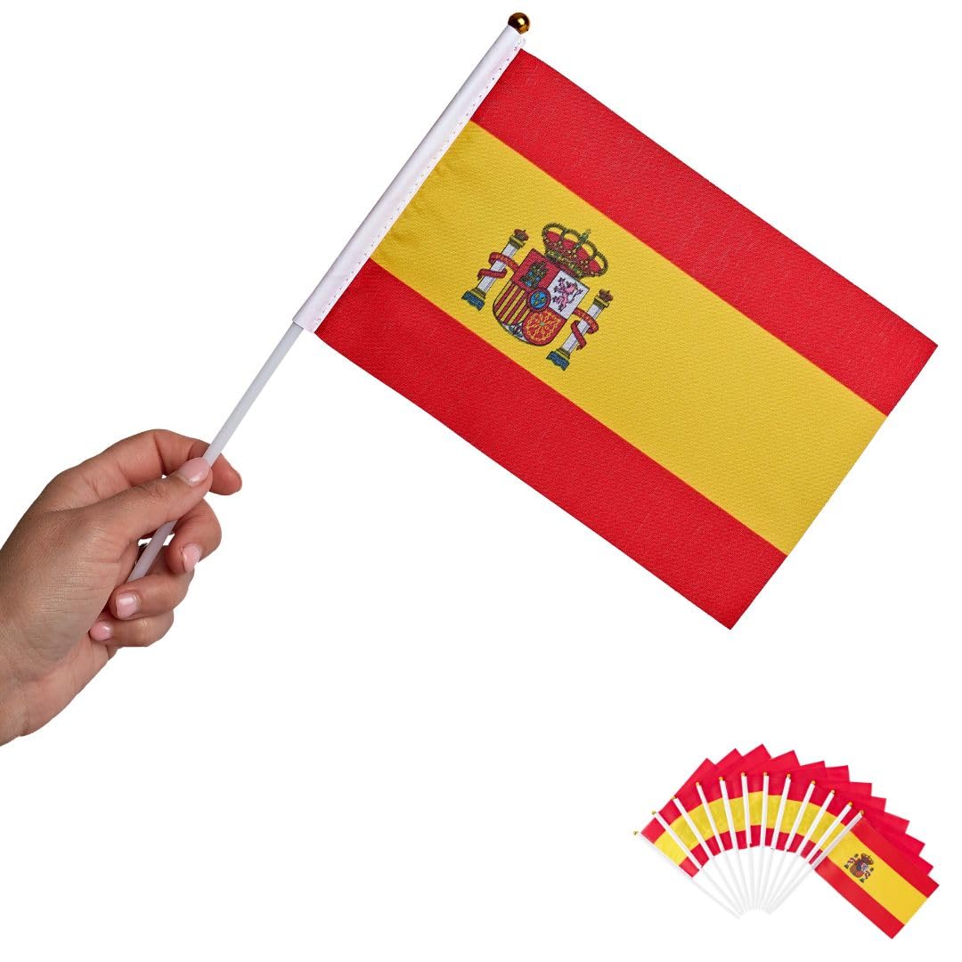 Runesol 12 Pack Hand Held Spanish Flags, 14cm x 21cm, Mini Flags of the World, Spain Flags, Small Flags on Sticks