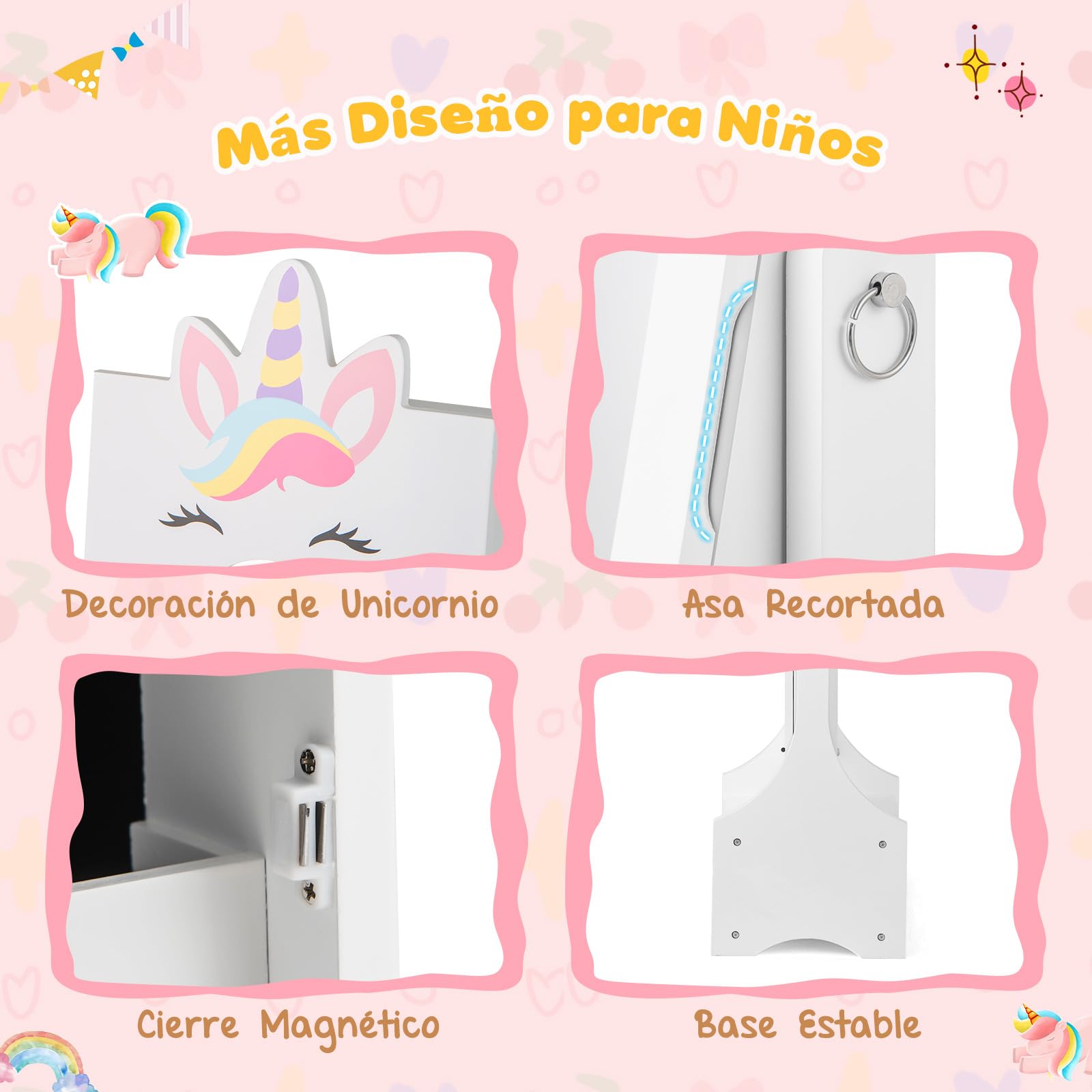 GOPLUS Armario de Joyería para Niños con Espejo de Cuerpo Entero, Organizador de Joyería Infantil de Pie con Cajón Plegable, 2 Ángulos Ajustables, Armario de Joya Princesa para Dormitorio (Blanco)