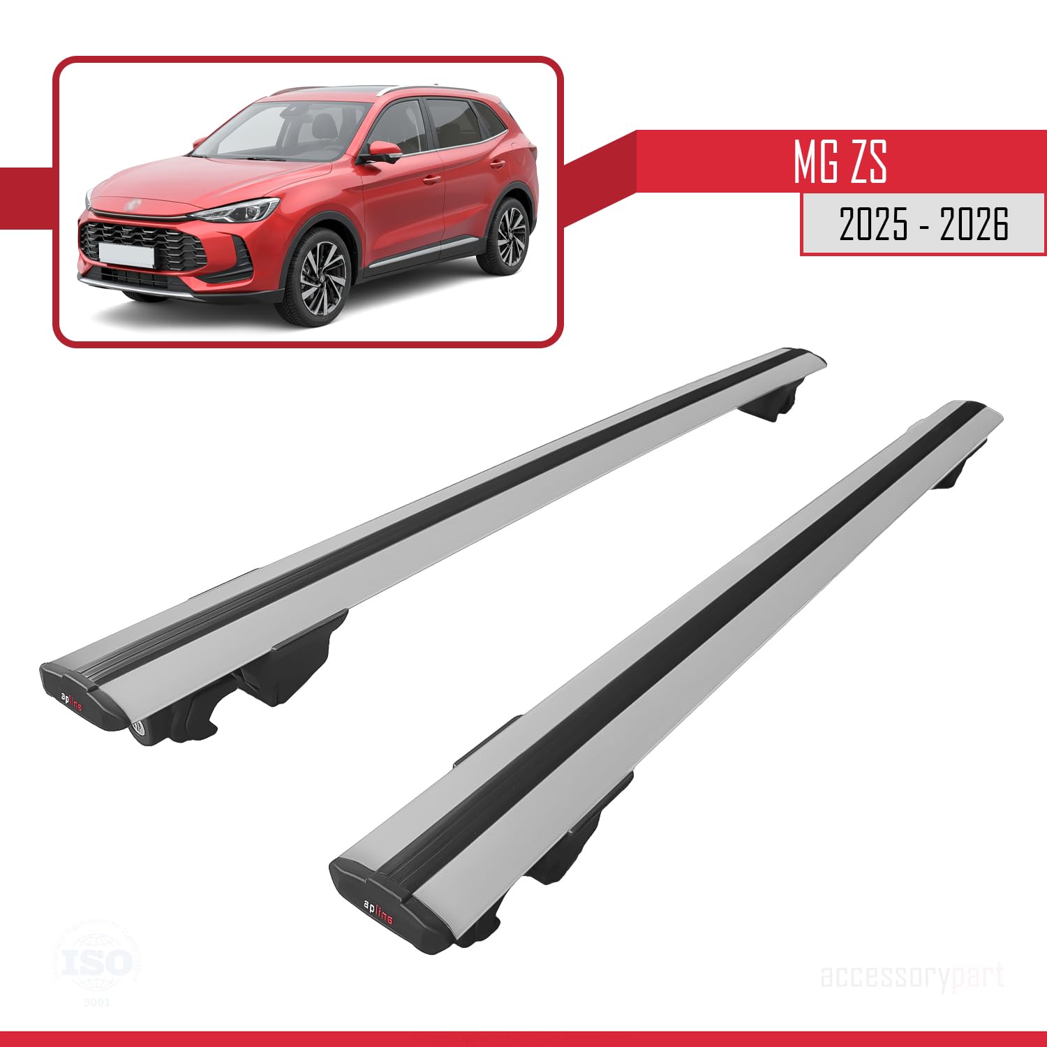 Compatible con MG ZS (ZS32) 2025-2026 Modelo Hook Barra de Techo Auto Portaequipajes Barras Transversales Gris Aluminio 2 Barras